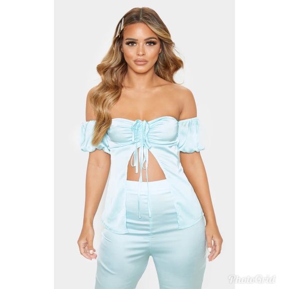 PrettyLittleThing Tops - PrettyLittleThing Blue Satin Ruched Open Front Top